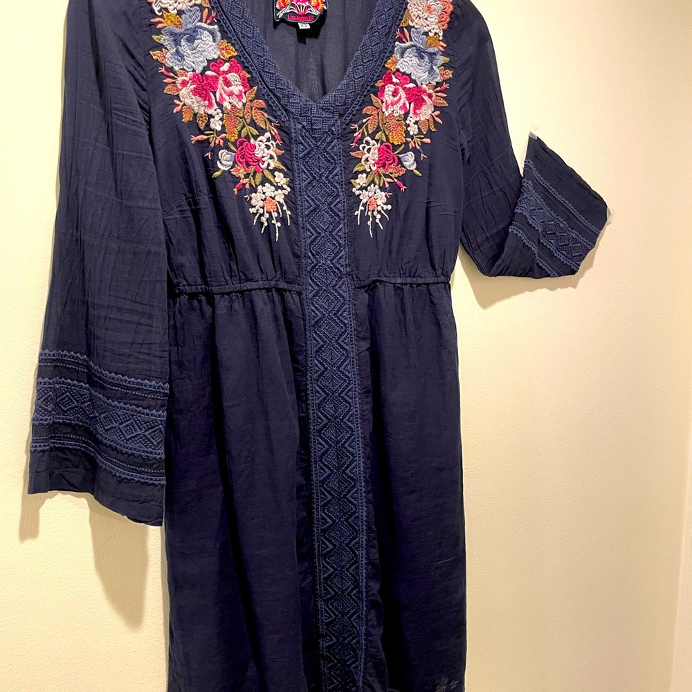 JOHNNY WAS Los Angels, Blue Floral Embroidered Dress - Size XS